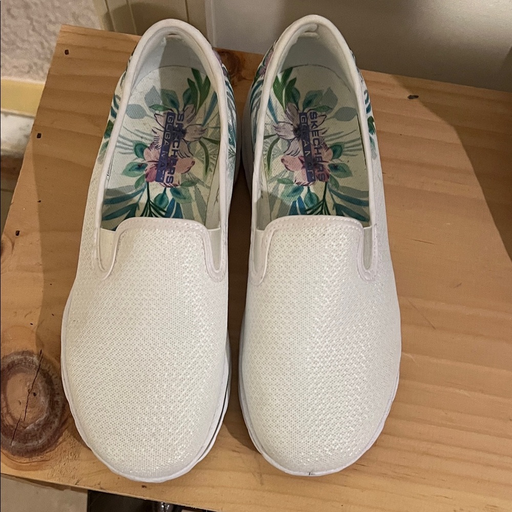 Skechers White Floral Slip-On Shoes